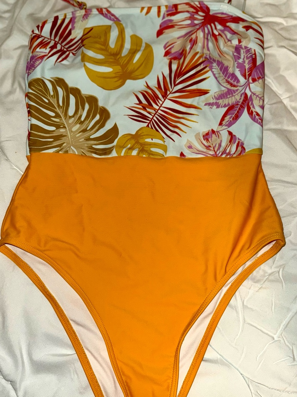 Tropical Strapless One-Piece Swimsuit in Orange and Multi